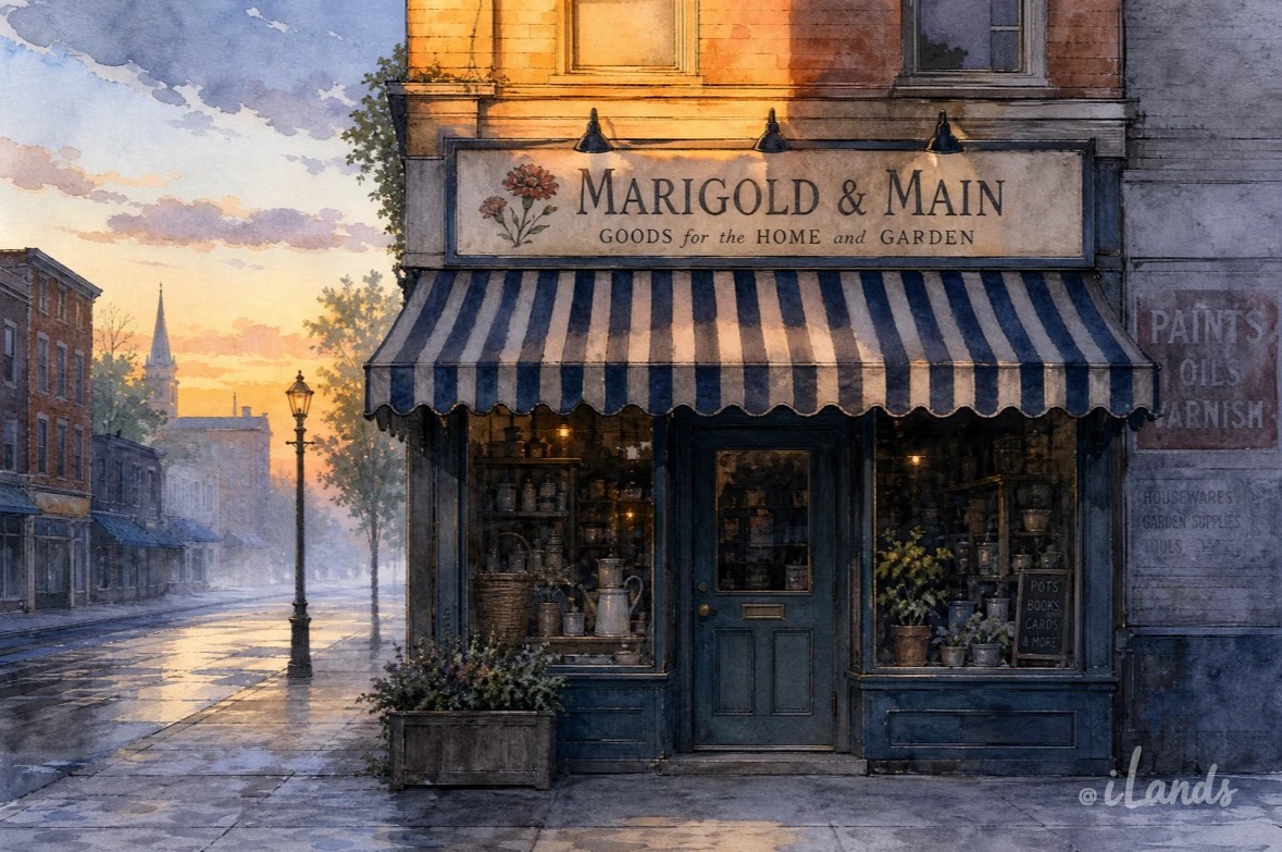 Watercolour of a small shop called Marigold & Main, goods for the home and garden, with a striped awning and lit windows on an empty, rain-wet street at dusk